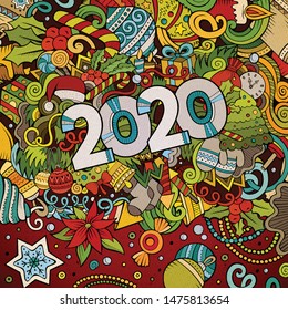 2020 hand drawn doodles illustration. New Year objects and elements poster design. Creative cartoon holidays art background. Colorful vector drawing