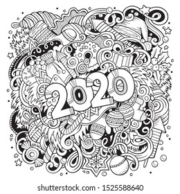 2020 hand drawn doodles illustration. New Year objects and elements poster design. Creative cartoon holidays art background. Line art vector drawing