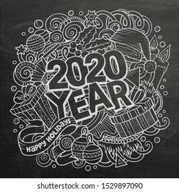 2020 hand drawn doodles illustration. New Year objects and elements poster design. Creative cartoon holidays art background. Line art vector drawing