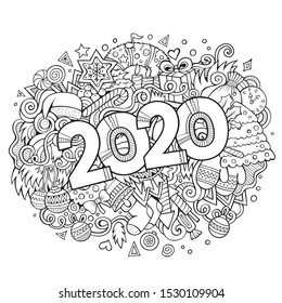 2020 hand drawn doodles illustration. New Year objects and elements poster design. Creative cartoon holidays art background. Line art vector drawing