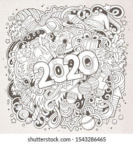 2020 hand drawn doodles illustration. New Year objects and elements poster design. Creative cartoon holidays art background. Line art vector drawing