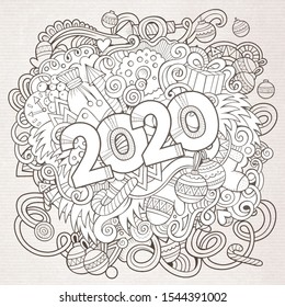 2020 hand drawn doodles illustration. New Year objects and elements poster design. Creative cartoon holidays art background. Line art vector drawing