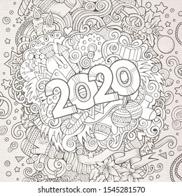 2020 hand drawn doodles illustration. New Year objects and elements poster design. Creative cartoon holidays art background. Line art vector drawing