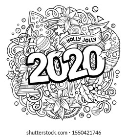 2020 hand drawn doodles illustration. New Year objects and elements poster design. Creative cartoon holidays art background. Line art vector drawing