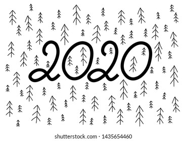 2020 hand drawn illustration with doodle Christmas trees. 