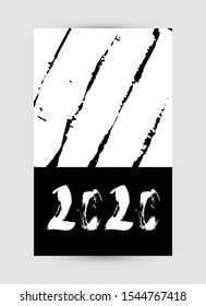 2020 Hand Drawn Lettering background. Calendar cover, flyer layout, brochure. Creative Black and White template with messy ink grunge texture. Monochrome minimal style. Vector layout, brochure, frame