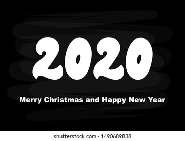 2020 hand drawn lettering. Merry Christmas and Happy New Year. Good for banner, poster, flyer, greeting card, web design, print design. Vector illustration.