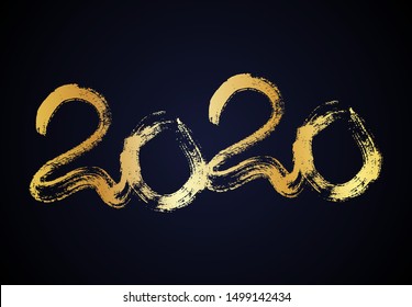2020 hand drawn numbers. Grunge calligraphy lettering in gold isolated on dark background. Happy New Year and happy holidays. Vector illustration.