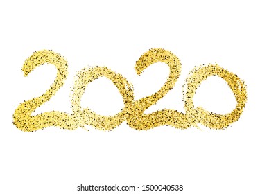 2020 hand drawn numbers. Grunge calligraphy lettering in gold glitter isolated on white background. Happy New Year and happy holidays. Vector illustration.