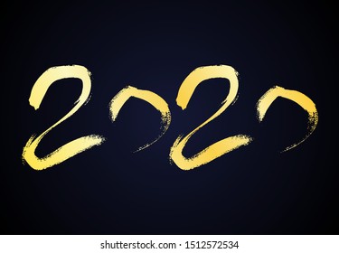 2020 hand drawn numbers. Grunge calligraphy lettering in gold isolated on dark background. Happy New Year and happy holidays. Vector illustration.