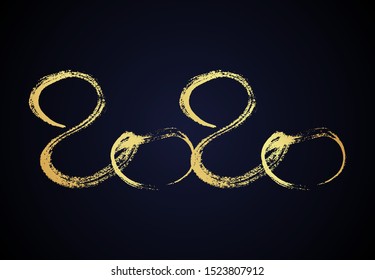 2020 hand drawn numbers. Grunge calligraphy lettering in gold isolated on dark background. Happy New Year and happy holidays. Vector illustration.