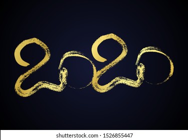 2020 hand drawn numbers. Grunge calligraphy lettering in gold isolated on dark background. Happy New Year and happy holidays. Vector illustration.