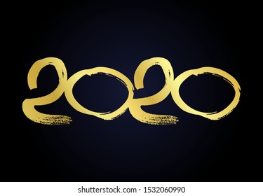 2020 hand drawn numbers. Grunge calligraphy lettering in gold isolated on dark background. Happy New Year and happy holidays. Vector illustration.