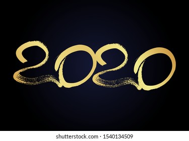 2020 hand drawn numbers. Grunge calligraphy lettering in gold isolated on dark background. Happy New Year and happy holidays. Vector illustration.