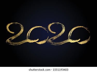 2020 hand drawn numbers. Grunge calligraphy lettering in gold isolated on dark background. Happy New Year and happy holidays. Vector illustration.