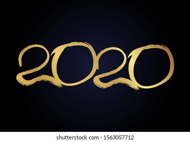 2020 hand drawn numbers. Grunge calligraphy lettering in gold isolated on dark background. Happy New Year and happy holidays. Vector illustration.