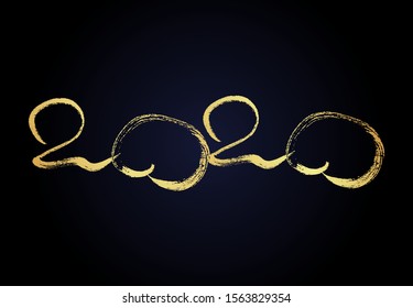 2020 hand drawn numbers. Grunge calligraphy lettering in gold isolated on dark background. Happy New Year and happy holidays. Vector illustration.