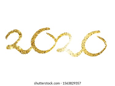 2020 hand drawn numbers. Grunge calligraphy lettering in gold glitter isolated on white background. Happy New Year and happy holidays. Vector illustration.