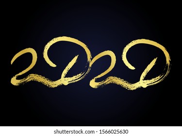2020 hand drawn numbers. Grunge calligraphy lettering in gold isolated on dark background. Happy New Year and happy holidays. Vector illustration.