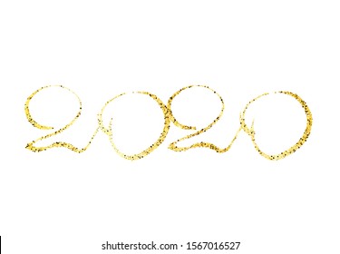 2020 hand drawn numbers. Grunge calligraphy lettering in gold glitter isolated on white background. Happy New Year and happy holidays. Vector illustration.