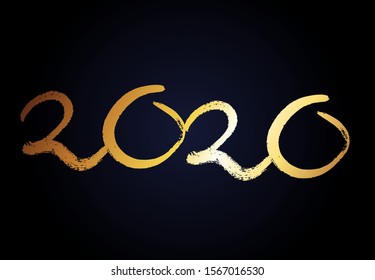 2020 hand drawn numbers. Grunge calligraphy lettering in gold isolated on dark background. Happy New Year and happy holidays. Vector illustration.