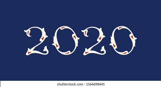 2020 hand drawn numbers. Orient style floral calligraphy lettering on dark blue background. Happy New Year and happy holidays. Vector illustration.