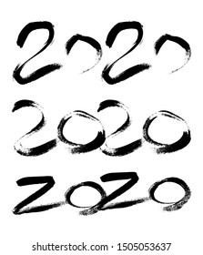 2020 hand drawn numbers. Set of three grunge calligraphy lettering in black isolated on white background. Happy New Year and happy holidays. Vector illustration.