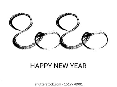 2020 hand drawn numbers. Set of three grunge calligraphy lettering in black isolated on white background. Happy New Year and happy holidays. Vector illustration.