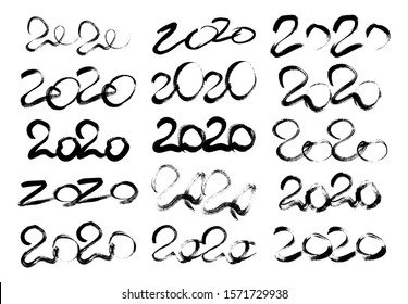 2020 hand drawn numbers. Set of fifteen grunge calligraphy lettering in black isolated on white background. Happy New Year and happy holidays. Vector illustration.