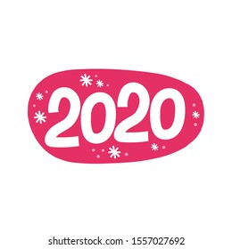 2020 hand drawn vector color lettering. New Year sketch on red background. Christmas stylized typography with snowflakes and dots. Winter holiday poster, banner, greeting card design element
