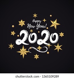 2020 hand written lettering decorated with realistic Golden 3D Stars isolated on black background. Glossy Christmas stars icon. Concept design for Happy New Year, Xmas holidays. Vector illustration