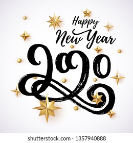 2020 hand written lettering with golden Christmas stars on a white background. Happy New Year card design. Vector illustration EPS 10 file.