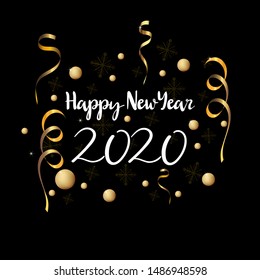 2020 hand written lettering with golden Christmas ball on a black background.