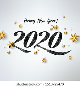 2020 hand written lettering with golden Christmas stars on a black background. Happy New Year card design. Vector illustration EPS 10 file.
