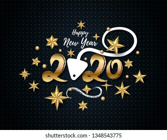 2020 hand written lettering with realistic Golden 3D Stars and stylized Rat animal isolated on black frame. Glossy Christmas stars icon. Concept design for New Year, Xmas holidays. Vector illustration