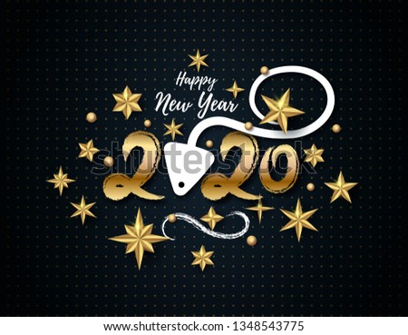 2020 hand written lettering with realistic Golden 3D Stars and stylized Rat animal isolated on black frame. Glossy Christmas stars icon. Concept design for New Year, Xmas holidays. Vector illustration