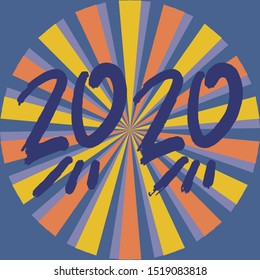 2020 Handwritten figure on the background of abstract rays of the sun. Template for New Year's greeting card. Vector design