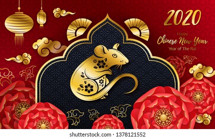 2020 Happy Chinese new year background with Rat. Flowers and golden symbols on asian style background. Good for calendar, invitation, greeting card design. Vector illustration.