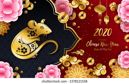 2020 Happy Chinese new year background with Rat. Flowers and golden symbols on asian style background. Good for calendar, invitation, greeting card design. Vector illustration.