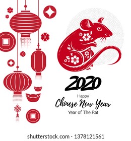 2020 Happy Chinese new year background with Rat. Good for calendar, invitation, greeting card design. Vector illustration.