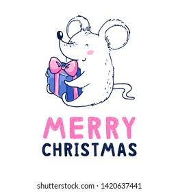 2020 Happy chinese new year. Rat zodiac sign. Vector illustration of little lovely rat with a New Year's gift. Handwritten lettering - Merry Christmas. For greeting card, poster and banner template.