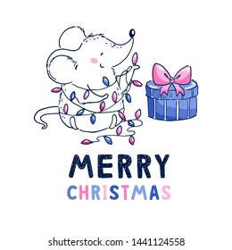 2020 Happy chinese new year. Rat zodiac sign. Vector illustration of little lovely rat with a New Year's gift. Handwritten lettering - Merry Christmas. For greeting card, poster and banner template.