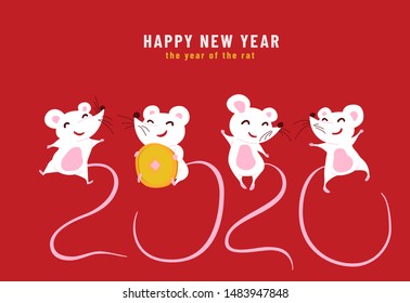 2020 Happy Chinese New Year, the year of the rat. Design concept of funny greeting card with cute characters mouses and their tails look like number 2020. Vector illustration.