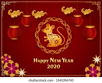 2020 Happy Chinese New Year greeting card design with rat zodiac sign, paper cut lanterns, flowers and clouds decorated on stylish red seamless square pattern background.