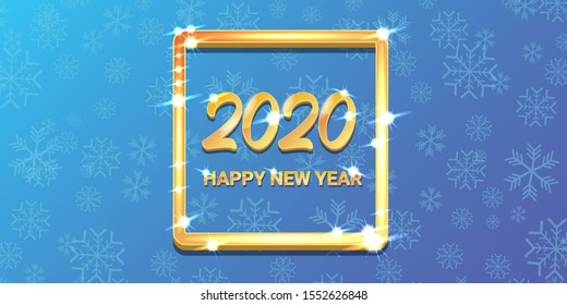 2020 Happy chinese new year of the Rat creative design horizontal banner background or greeting card. 2020 new year golden shiny numbers isolated on blue sky winter background with snowflakes