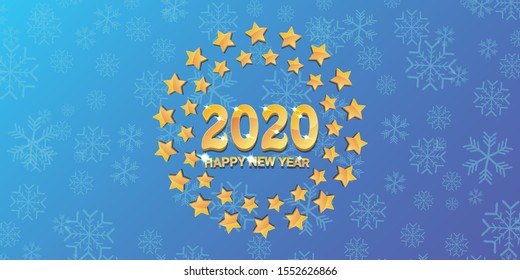 2020 Happy chinese new year of the Rat creative design horizontal banner background or greeting card. 2020 new year golden shiny numbers isolated on blue sky winter background with snowflakes