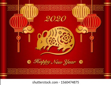 2020 Happy Chinese new year of retro gold relief peony flower rat lantern cloud and lattice frame on a vintage scroll. (Chinese Translation : Blessing and prosperity)