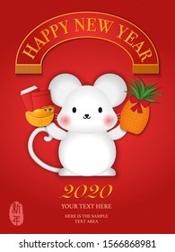 2020 Happy Chinese new year of cartoon cute rat standing holding golden ingot red envelope and pineapple. Chinese translation : New year.