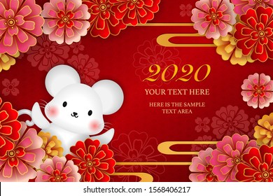 2020 Happy Chinese new year of cute cartoon rat and round peony flower curve wave