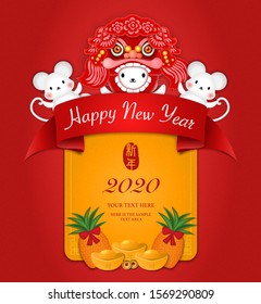 2020 Happy Chinese new year of cartoon cute rat and firecrackers golden ingot. Chinese Translation : New year.